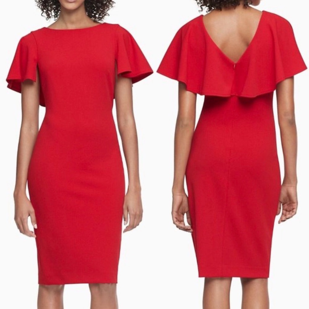 This is a Calvin Klein red stretch crepe flutter sleeve cape dress.
